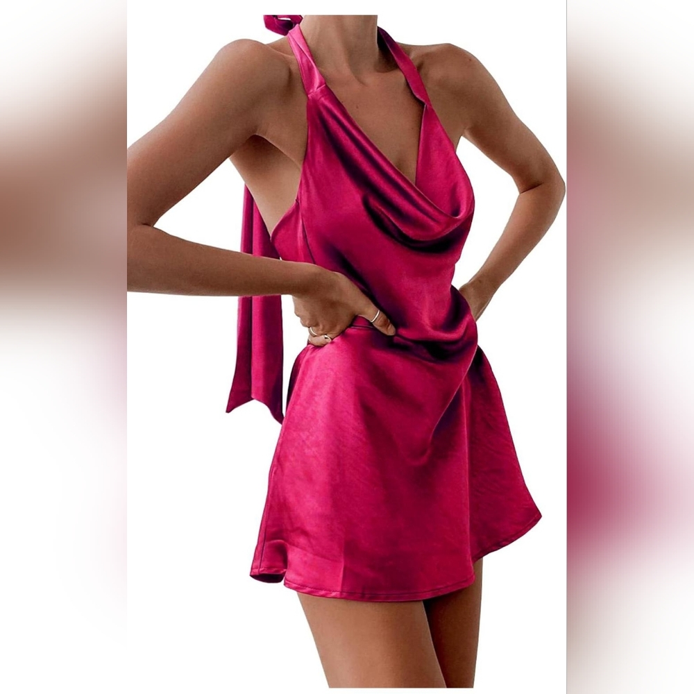 Women's Cowl Neck Halterneck Slip On Backless Satin Mini Dress Sexy